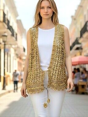 Vintage 60s Mod Gold Metallic Woven Vest Sequins Sz S Rosette Tie Shiny GoGo